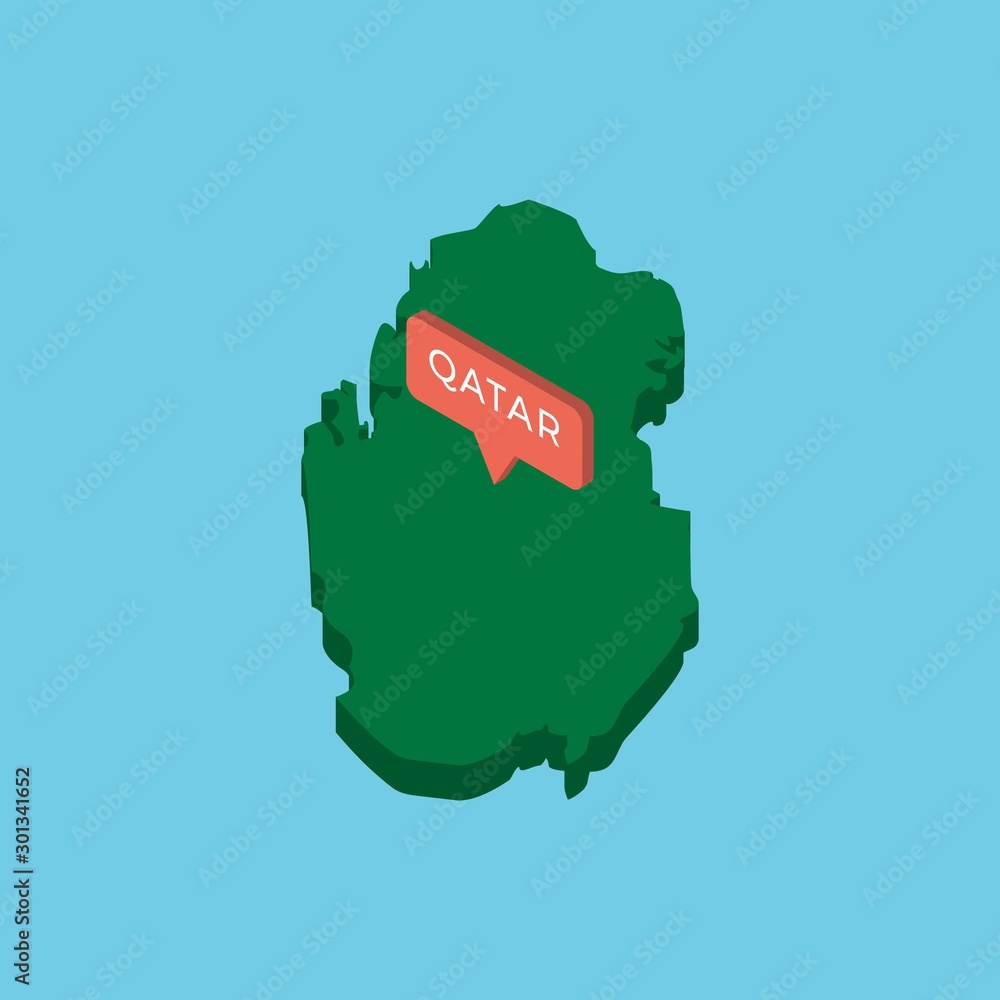 Poster green isometric map of country qatar with pointer on blue background. realistic 3d vector concept ma