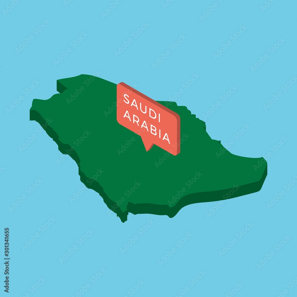 Poster green isometric map of country saudi arabia with pointer on blue background. realistic 3d vector con