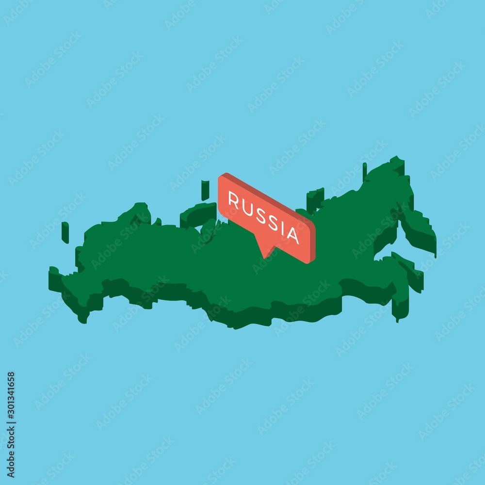 Poster green isometric map of country russia with pointer on blue background. realistic 3d vector concept m