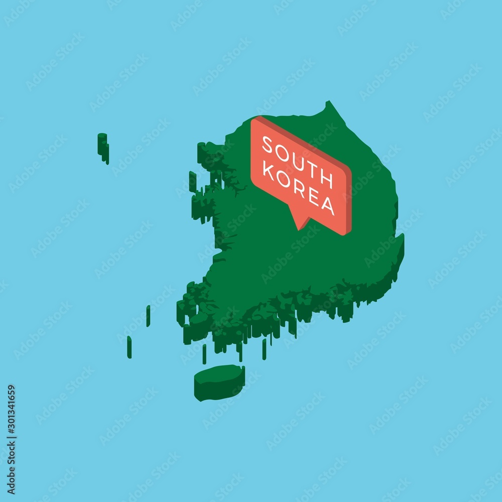 Poster green isometric map of country south korea with pointer on blue background. realistic 3d vector conc