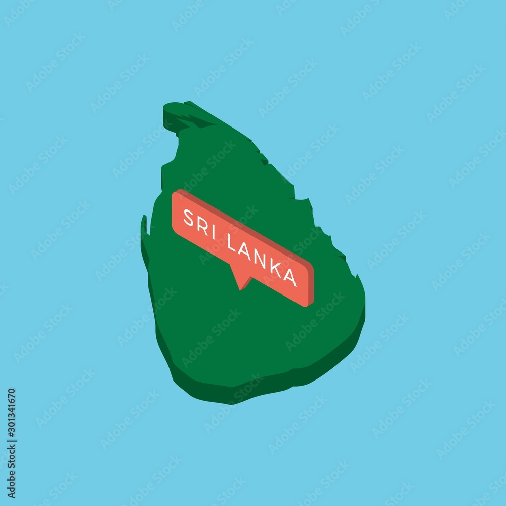 Poster green isometric map of country sri lanka with pointer on blue background. realistic 3d vector concep