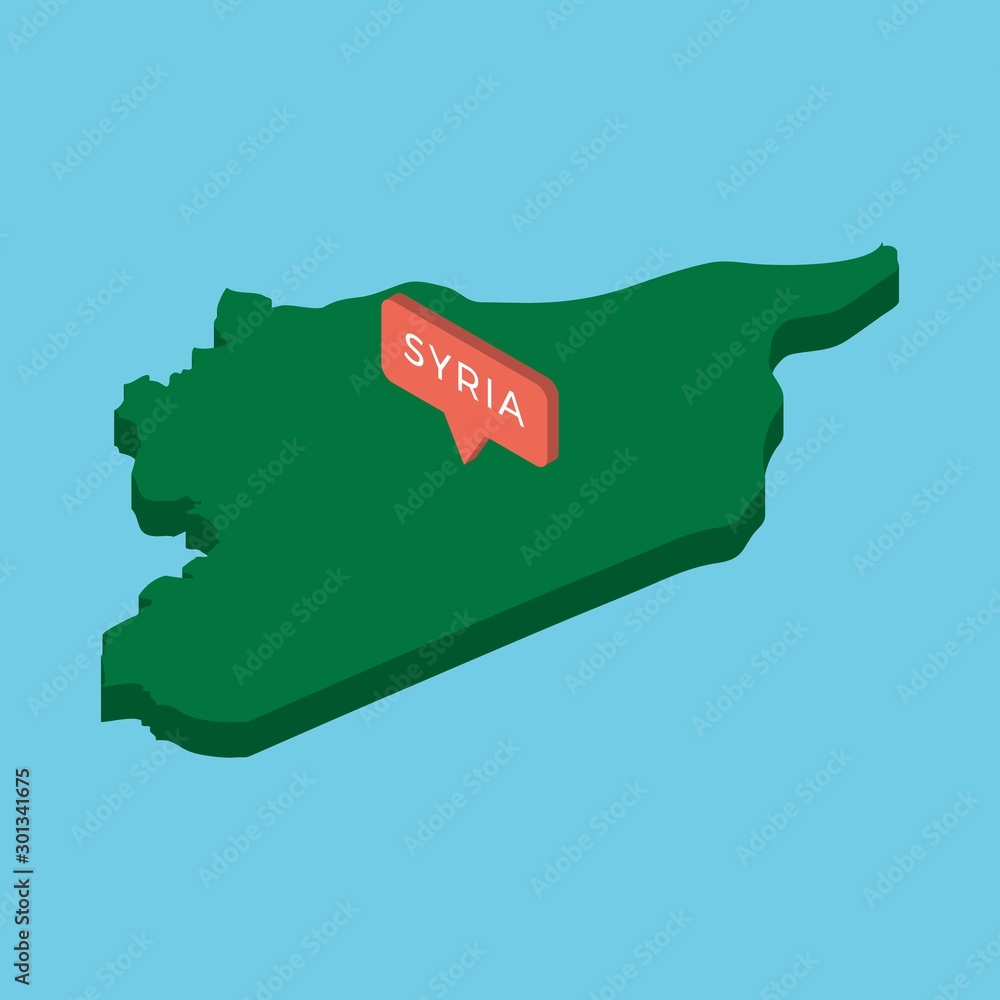 Poster green isometric map of country syria with pointer on blue background. realistic 3d vector concept ma