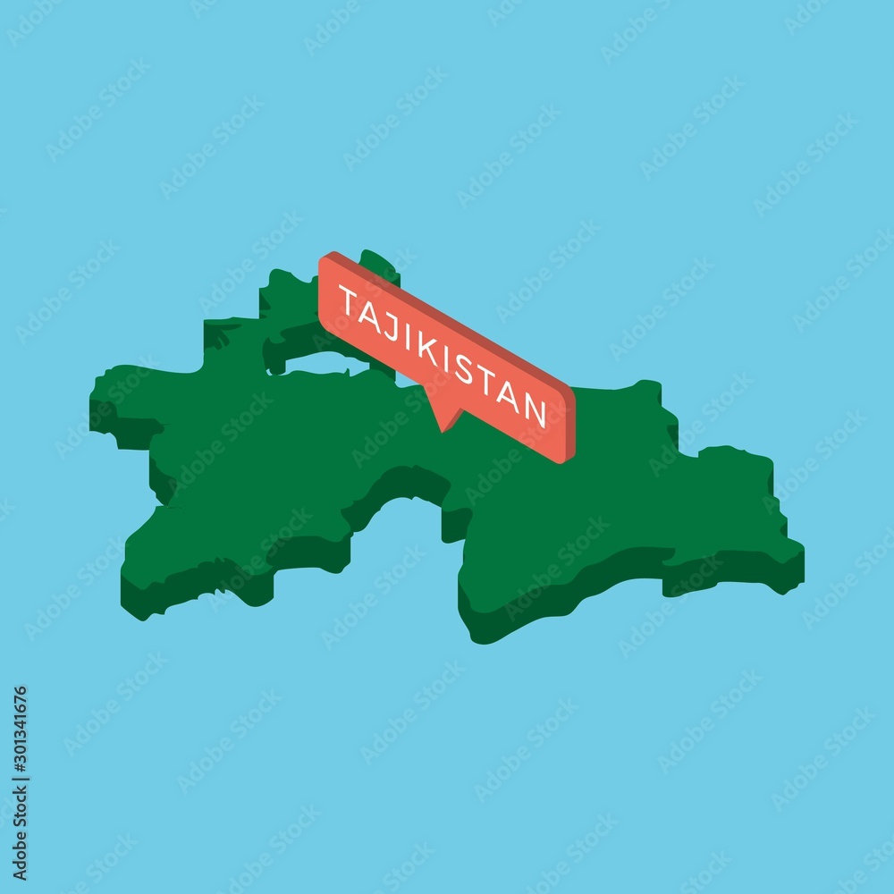 Poster green isometric map of country tajikistan with pointer on blue background. realistic 3d vector conce
