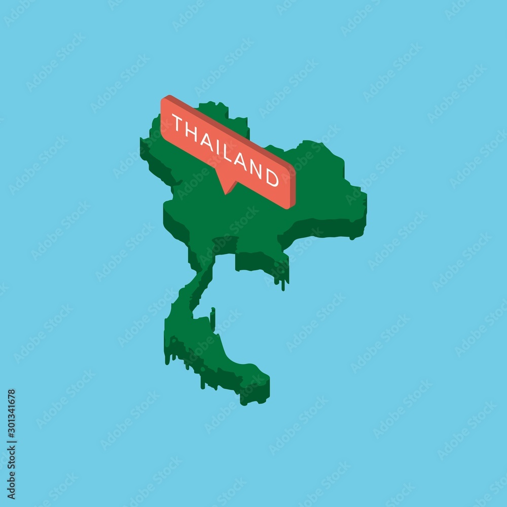 Poster green isometric map of country thailand with pointer on blue background. realistic 3d vector concept