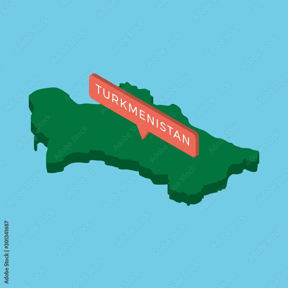 Poster green isometric map of country turkmenistan with pointer on blue background. realistic 3d vector con
