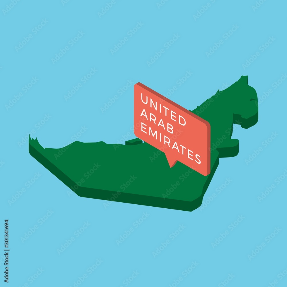 Poster green isometric map of country united arab emirates with pointer on blue background. realistic 3d ve