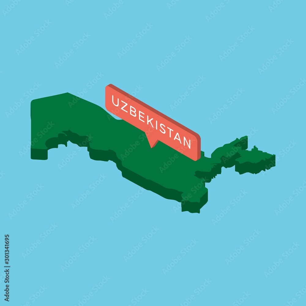 Poster green isometric map of country uzbekistan with pointer on blue background. realistic 3d vector conce