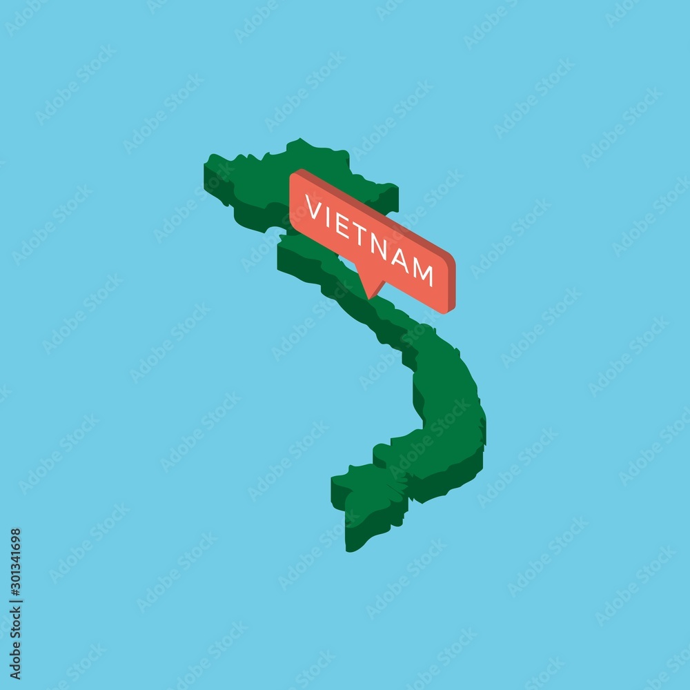 Poster green isometric map of country vietnam with pointer on blue background. realistic 3d vector concept 