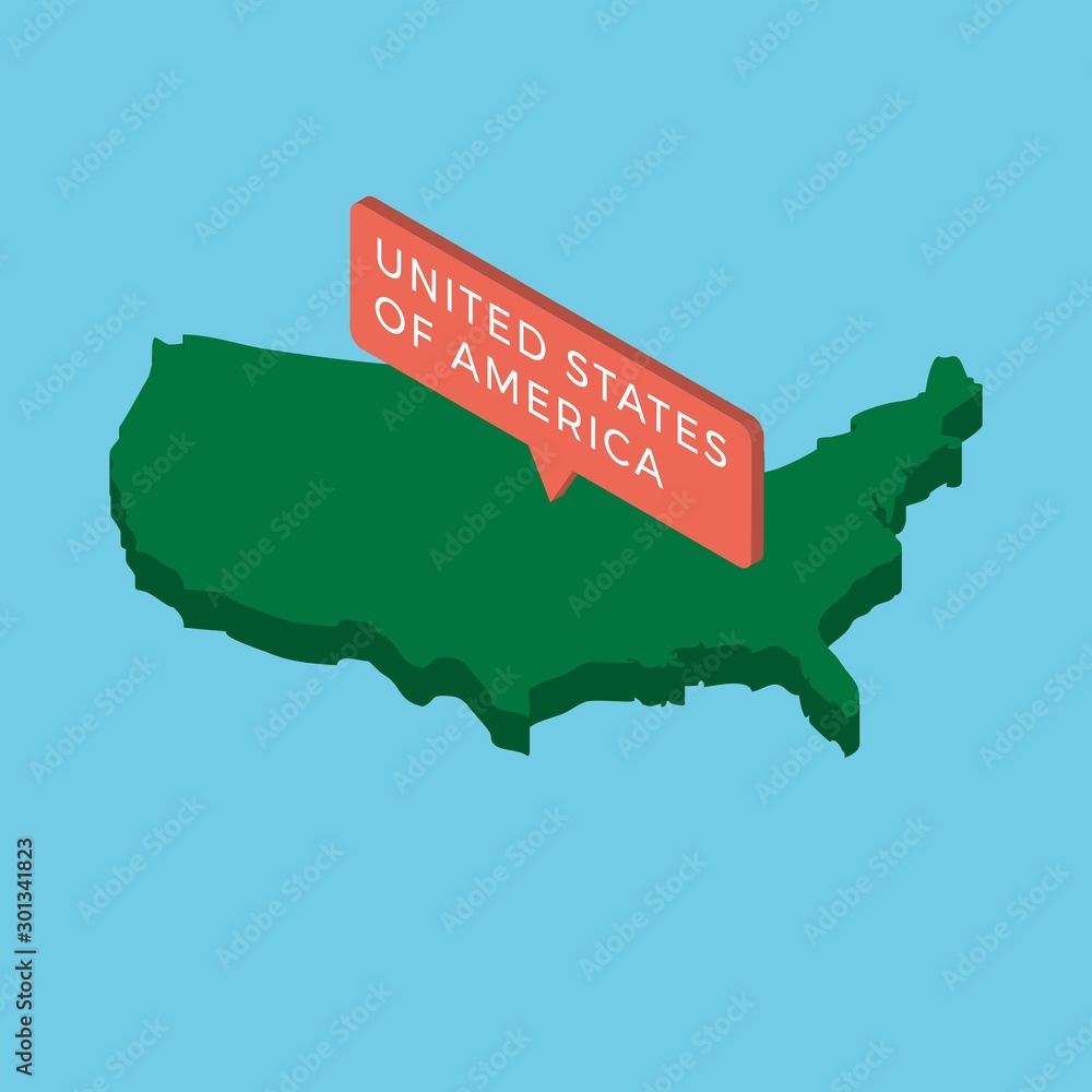 Poster green isometric map of country united states of america with pointer on blue background. realistic 3