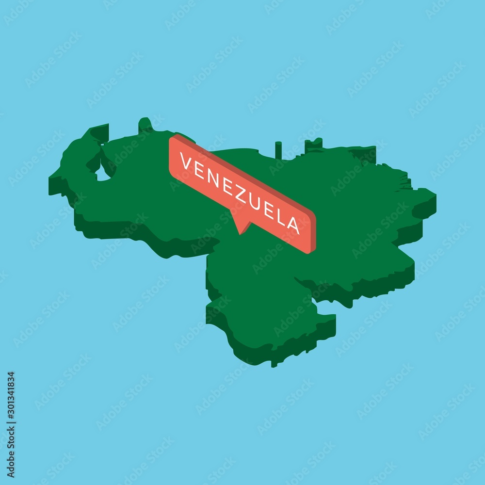 Poster green isometric map of country venezuela with pointer on blue background. realistic 3d vector concep