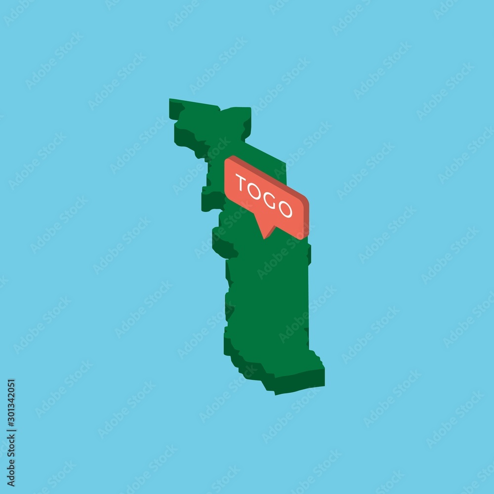 Poster green isometric map of country togo with pointer on blue background. realistic 3d vector concept map