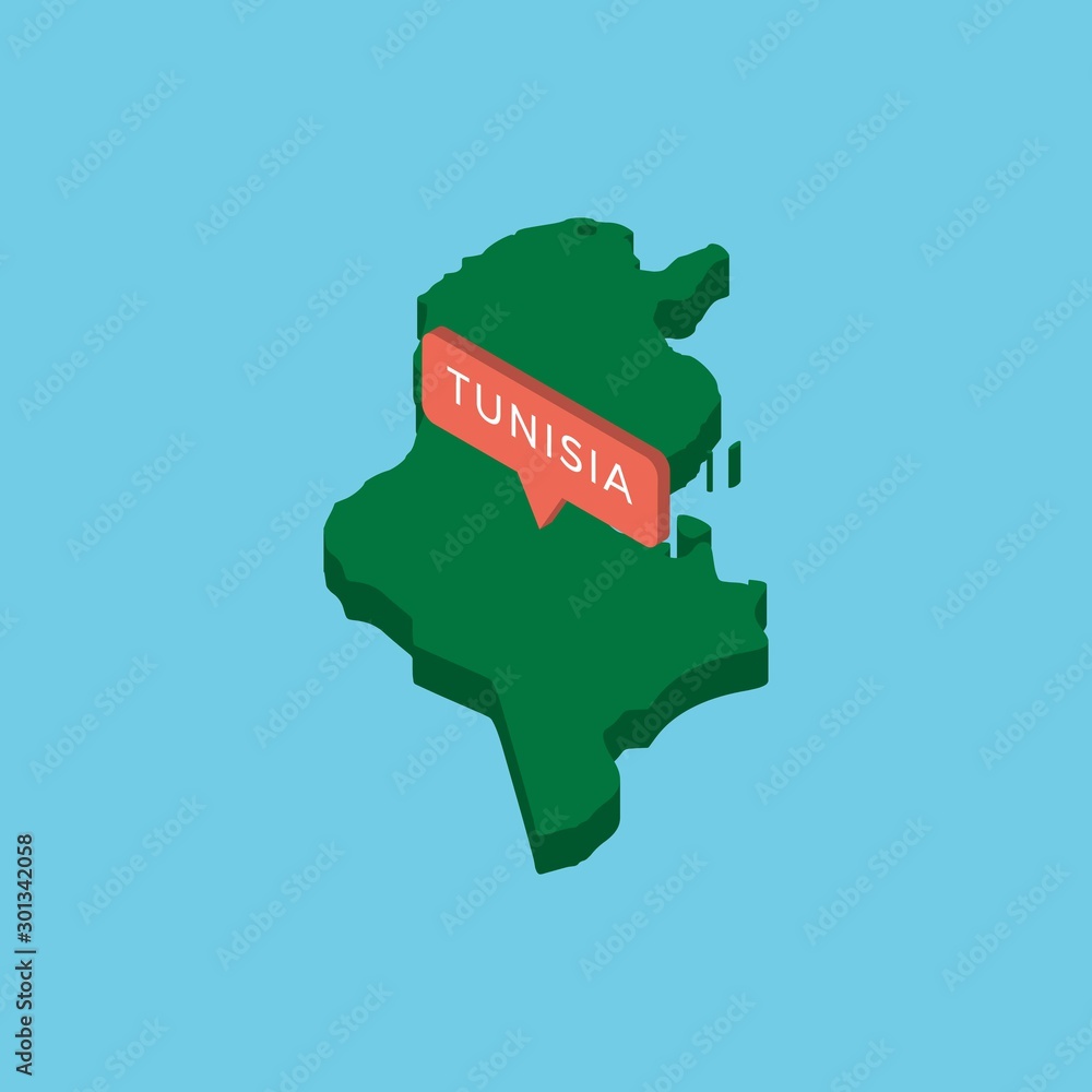 Poster green isometric map of country tunisia with pointer on blue background. realistic 3d vector concept 