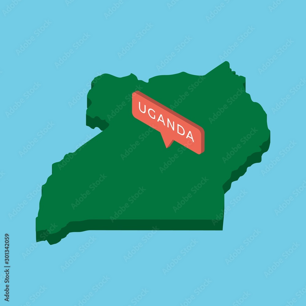Poster green isometric map of country uganda with pointer on blue background. realistic 3d vector concept m