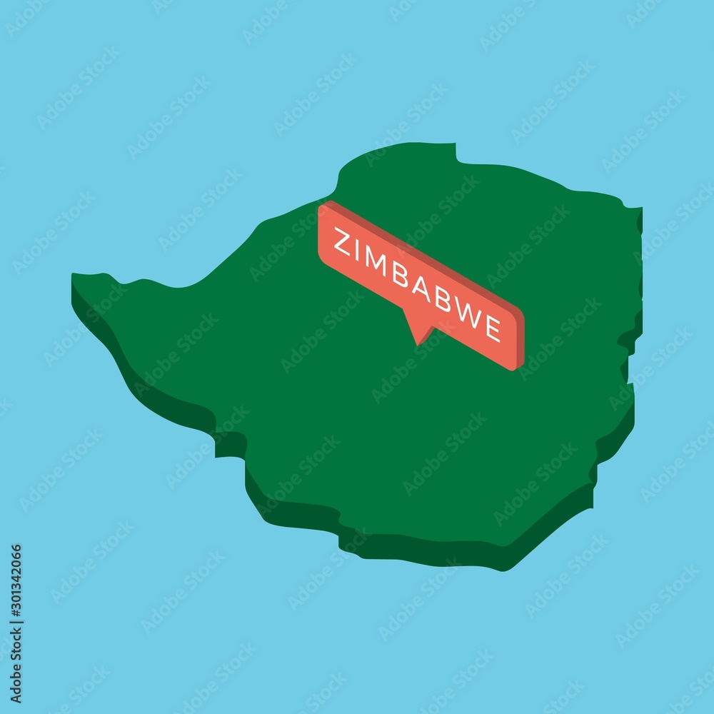 Poster green isometric map of country zimbabwe with pointer on blue background. realistic 3d vector concept