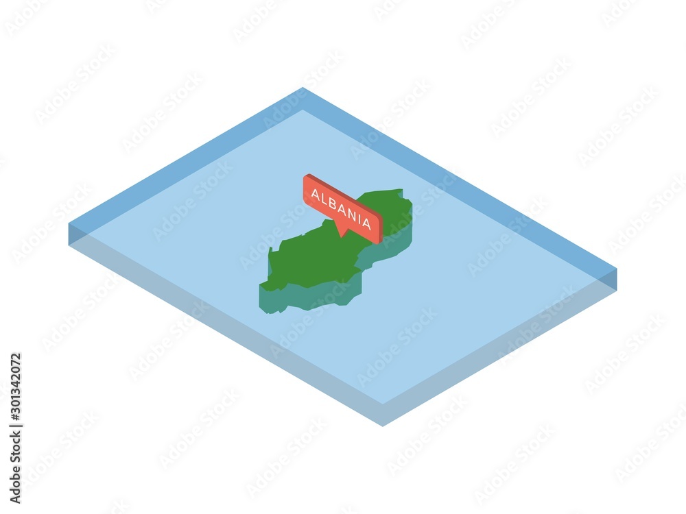 Poster green isometric map of country albania with pointer on blue background. realistic 3d vector concept 
