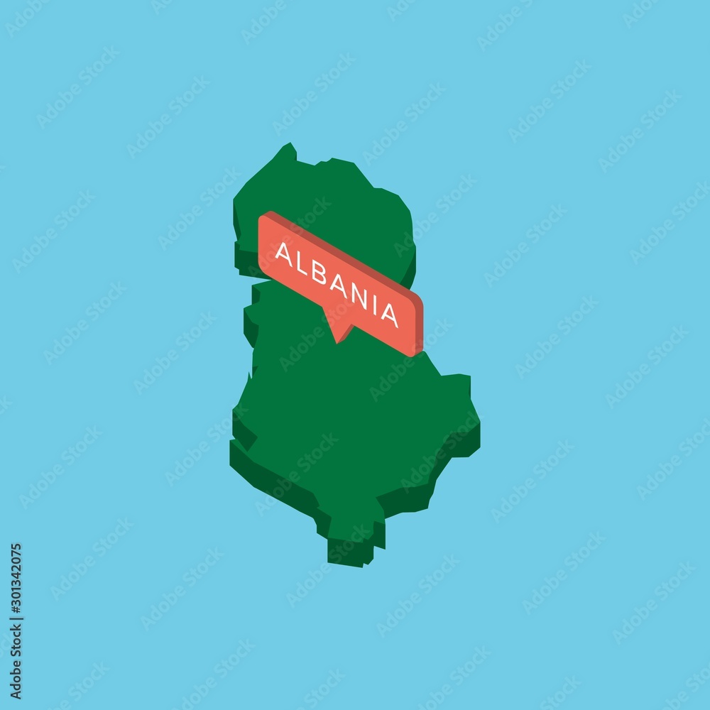 Poster green isometric map of country albania with pointer on blue background. realistic 3d vector concept 