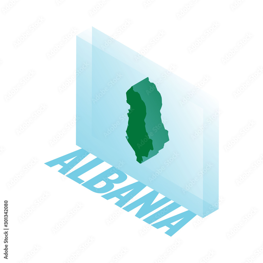 Poster green isometric map of country albania with pointer on blue background. realistic 3d vector concept 