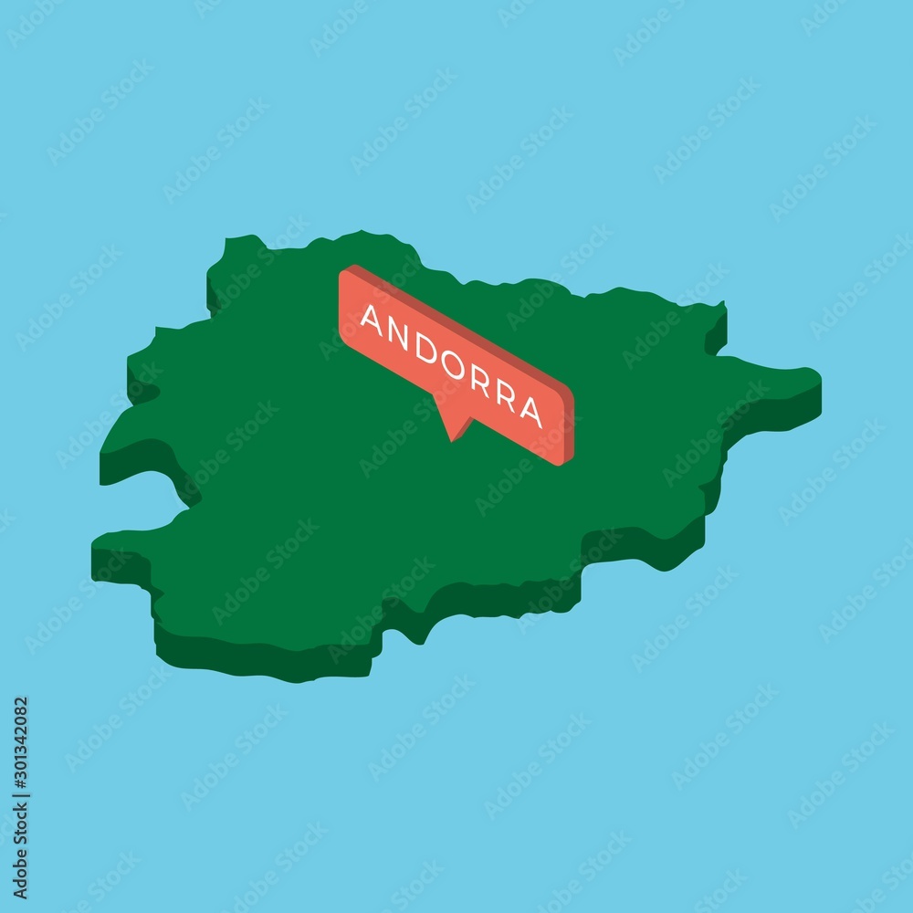 Poster green isometric map of country andorra with pointer on blue background. realistic 3d vector concept 