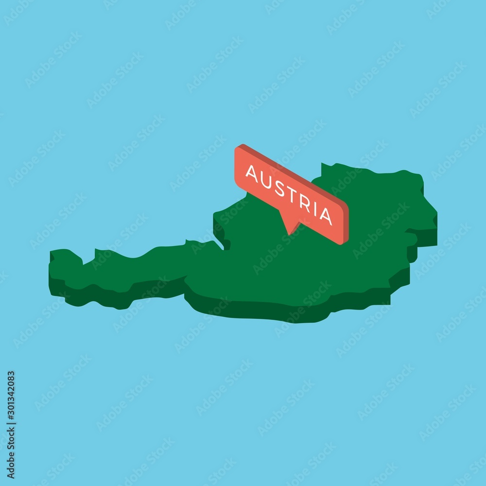 Poster green isometric map of country austria with pointer on blue background. realistic 3d vector concept 