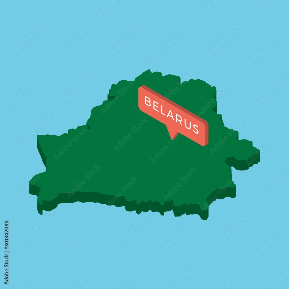Poster green isometric map of country belarus with pointer on blue background. realistic 3d vector concept 