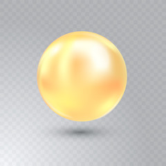 Vector illustration of single shiny natural yellow sea oyster pearl with light effects isolated on transparent background. Beautiful 3D shining realistic pearl for luxury accessories.