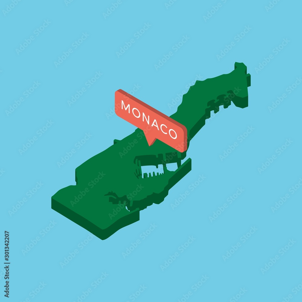 Poster green isometric map of country monaco with pointer on blue background. realistic 3d vector concept m