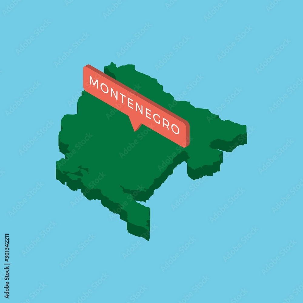 Poster green isometric map of country montenegro with pointer on blue background. realistic 3d vector conce