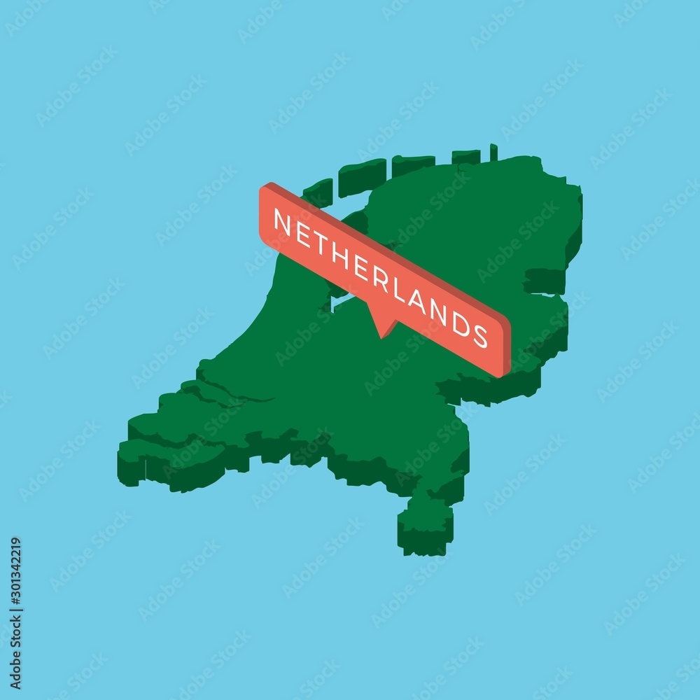 Poster green isometric map of country netherlands with pointer on blue background. realistic 3d vector conc