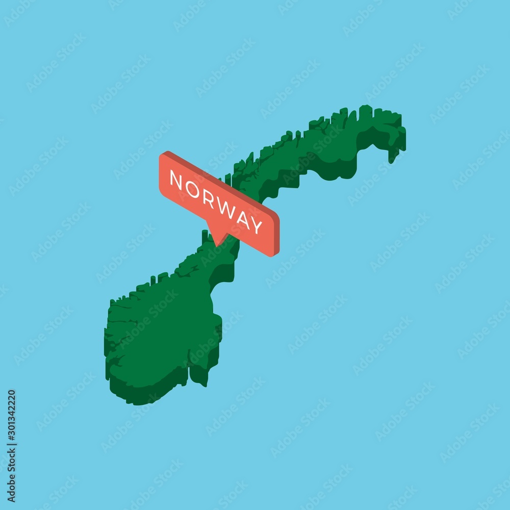 Poster green isometric map of country norway with pointer on blue background. realistic 3d vector concept m