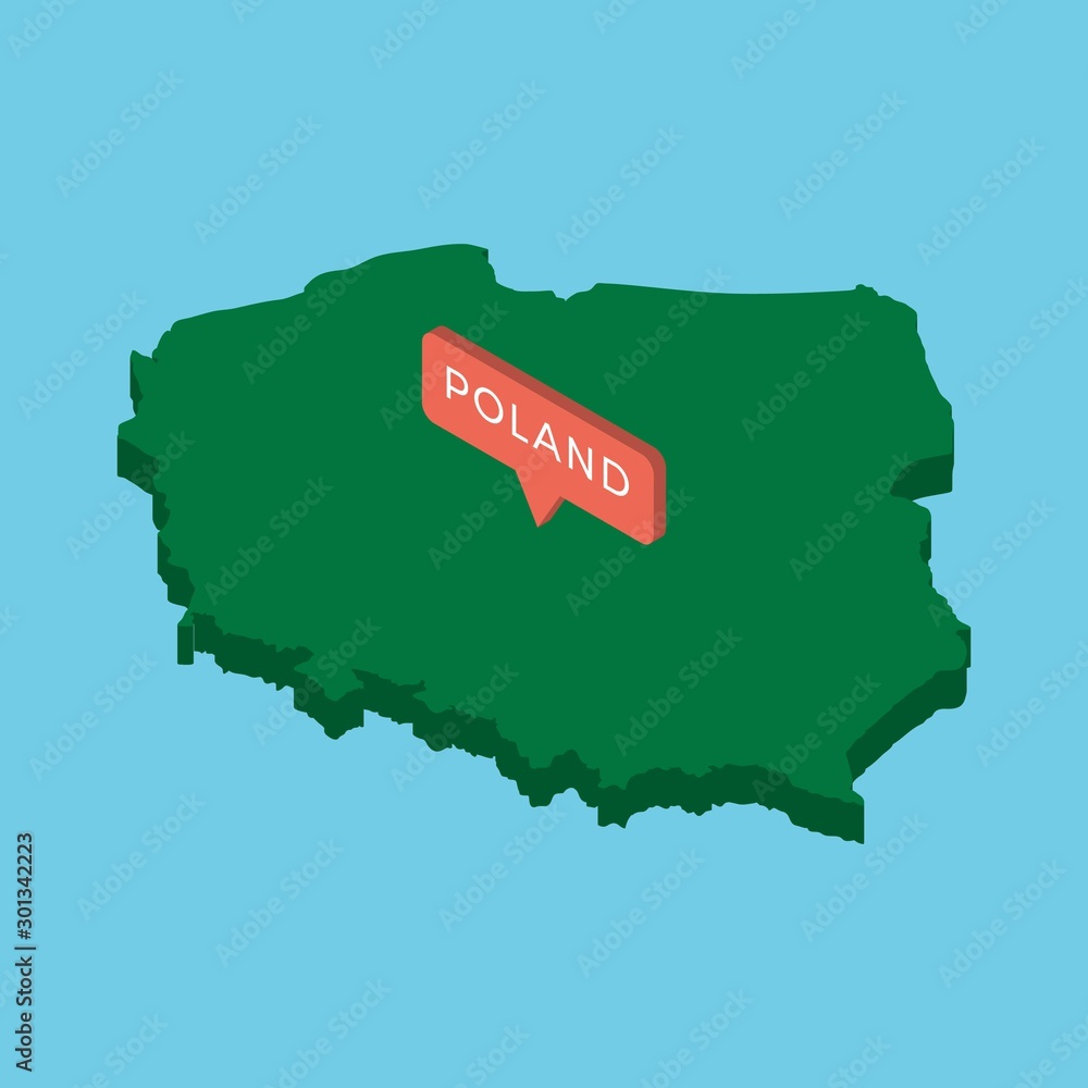 Aufkleber green isometric map of country poland with pointer on blue background. realistic 3d vector concept m