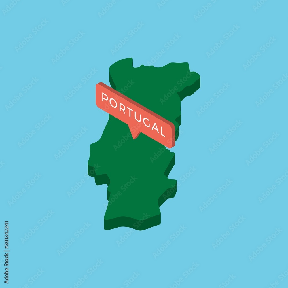 Poster green isometric map of country portugal with pointer on blue background. realistic 3d vector concept
