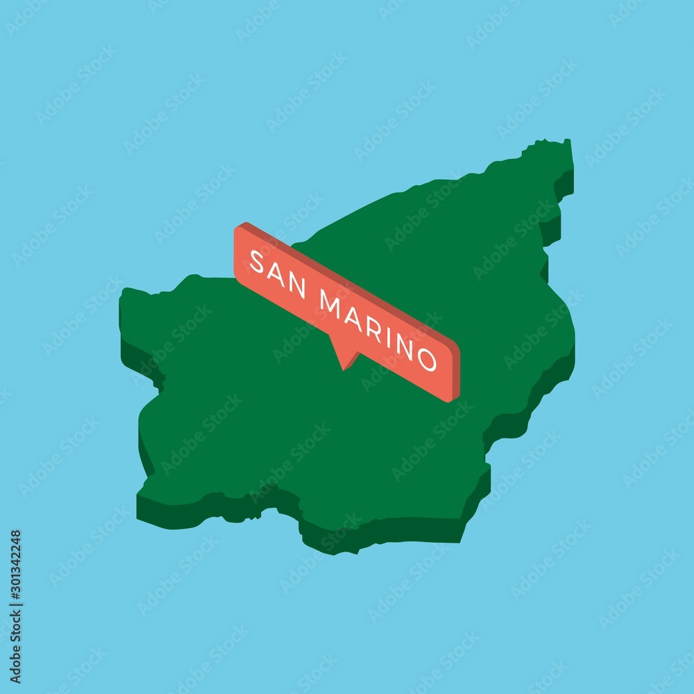 Poster green isometric map of country san marino with pointer on blue background. realistic 3d vector conce