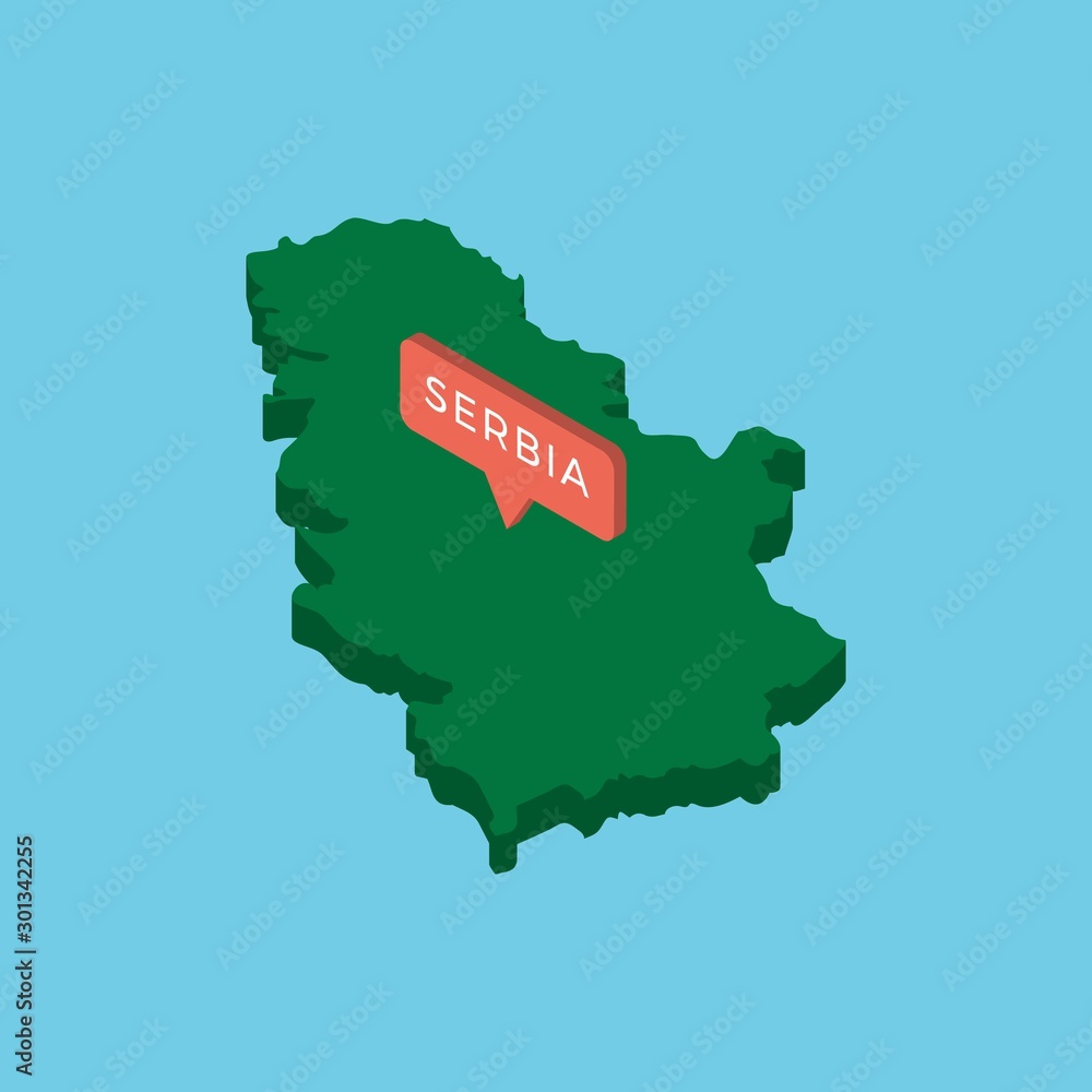 Poster green isometric map of country serbia with pointer on blue background. realistic 3d vector concept m