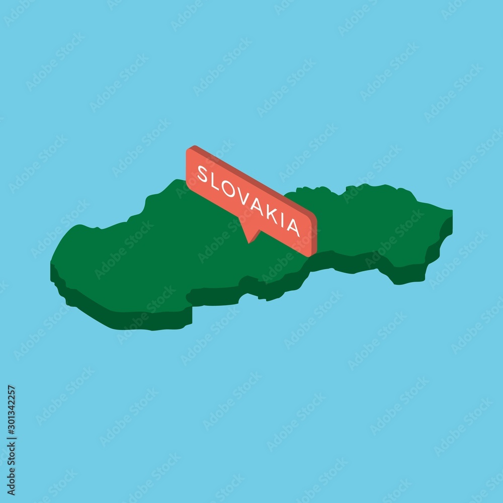 Poster green isometric map of country slovakia with pointer on blue background. realistic 3d vector concept