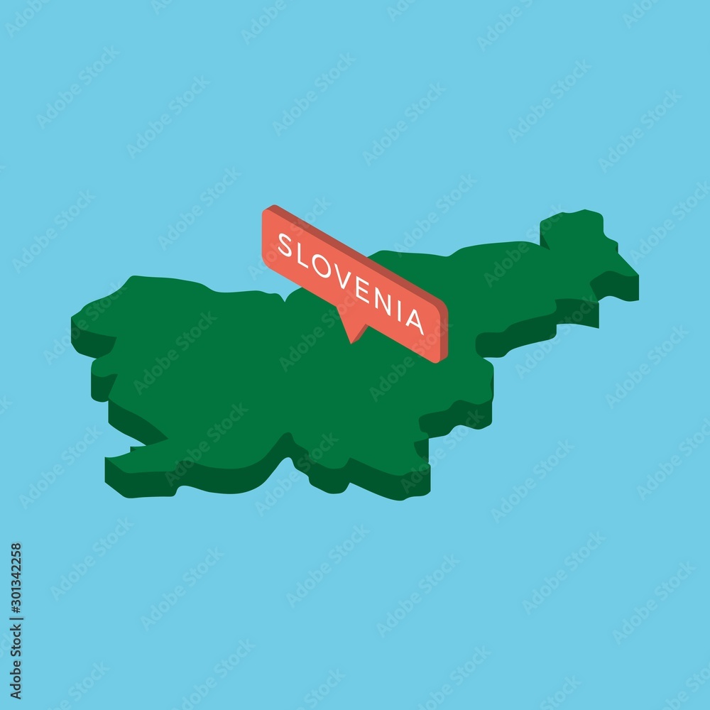 Poster green isometric map of country slovenia with pointer on blue background. realistic 3d vector concept