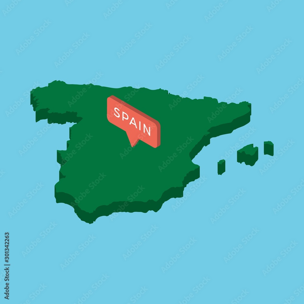 Poster green isometric map of country spain with pointer on blue background. realistic 3d vector concept ma