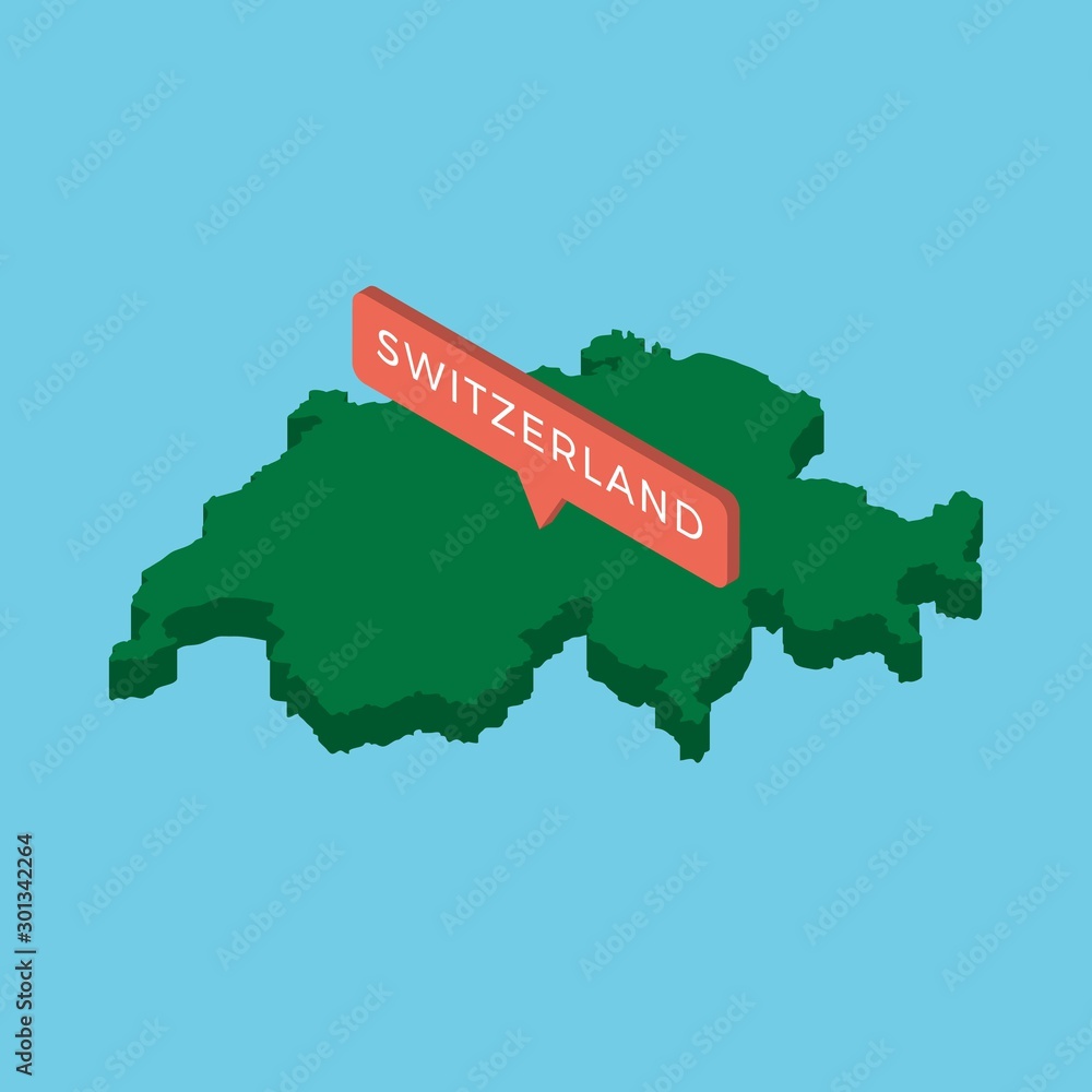Poster green isometric map of country switzerland with pointer on blue background. realistic 3d vector conc