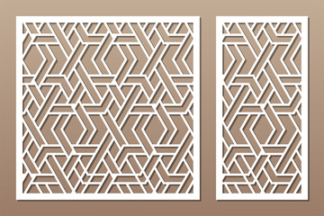 Set decorative card for cutting. Line, arabesque, weaving, Celtic pattern. Laser cut. Ratio 1:1, 1:2. Vector illustration.