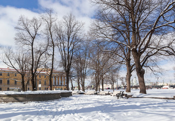 Beautiful winter landscape with snow-white trees, architecture at frosty snow winter day, St Petersburg, Russia.