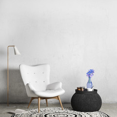 Mock up wall with empty background modern in living room interior with white armchair, black table and colored vase flower. 3D render