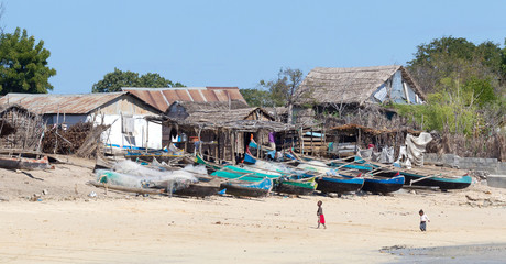 Ifaty, Madagascar on august 2, 2019 - Fishing boats on the beach on Madagascar, Ifaty