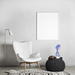 mock up poster frame in modern interior background with armchair, living room, Scandinavian style, 3D render, 3D illustration