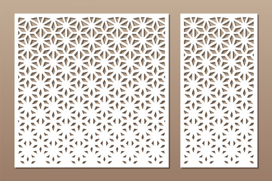 Set decorative card for cutting. Line, arabesque, weaving, Celtic pattern. Laser cut. Ratio 1:1, 1:2. Vector illustration.