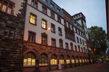 Buildings in Frankfurt am Main Morning. Frankfurt architecture with central banks. 08.11.2019, Frankfurt am main, Germany.
