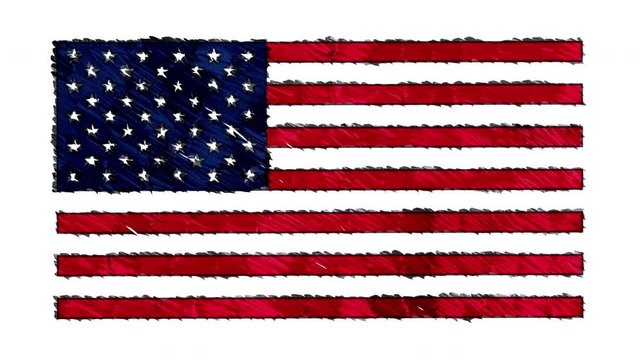 Stop motion animation of marker drawn USA flag on a whiteboard. Perfectly loop-able. High quality 4k footage. Hand drawn cartoon animation style.