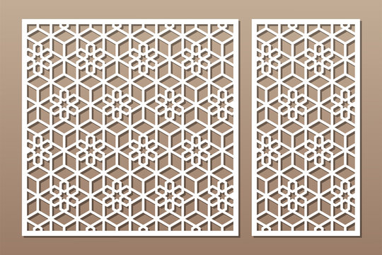 Set decorative card for cutting. Line, Arab, weaving, pattern. Laser cut. Ratio 1:1, 1:2. Vector illustration.
