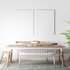 mock up frame interior in farmhouse style, tow frames in white background, wooden dining-room, with green plant, 3D render, 3d illustration	