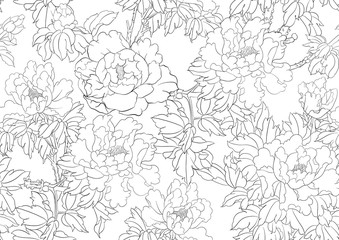 Peony tree branch with flowers in the style of Chinese painting on silk Seamless pattern, background. Outline hand drawing vector illustration.. © Elen  Lane