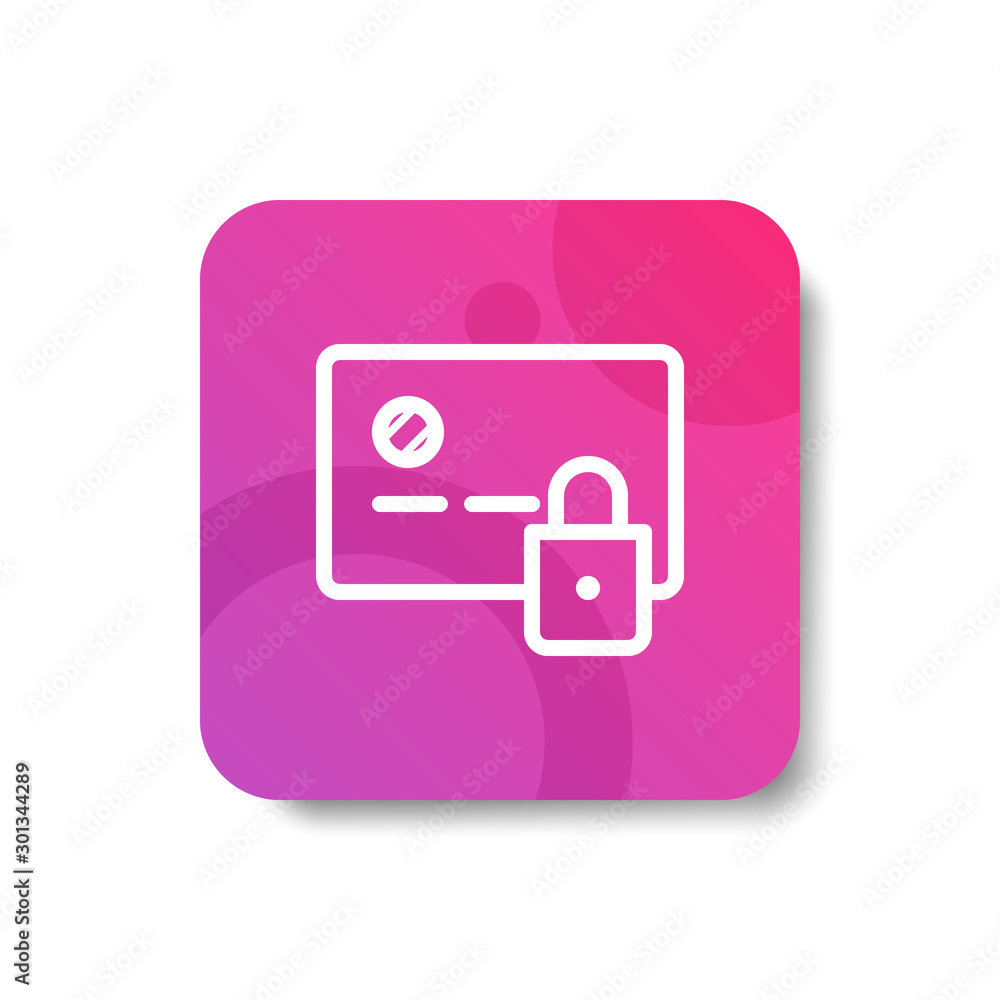 Poster credit card with padlock round icon in outline / line style (ununite / ungroup line) with colorful s