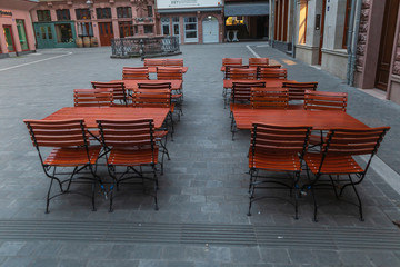 Buildings in Frankfurt am Main Morning. Frankfurt architecture with central banks. 08.11.2019, Frankfurt am main, Germany.